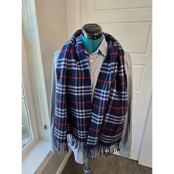 VINTAGE BURBERRYS OF LONDON AUTHENTIC BLUE RED PLAID  LAMBSWOOL UNISEX OS 1990s - Picture 1 of 12